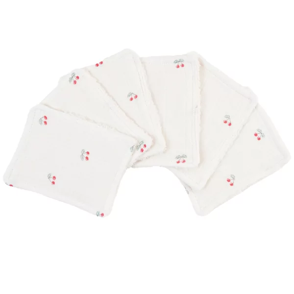 lot de 6 lingettes bébé lavables et réutilisables en lange et éponge pur coton bio écrues motif cerises