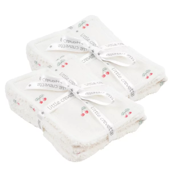 lot de 12 lingettes bébé lavables et réutilisables en lange et éponge pur coton bio écrues motif cerises