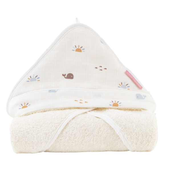 cape de bain bébé en éponge coton bio capuche imprimée baleines, soleils et poissons