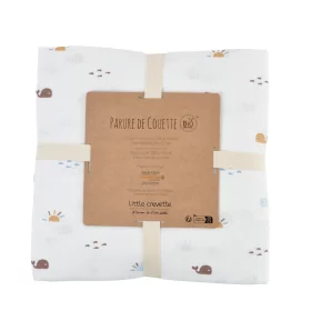 parure de lit bébé taie d oreiller 40x60 cm et housse de couette 100x140 cm en lange pur coton bio blanc cassé imprimé baleine