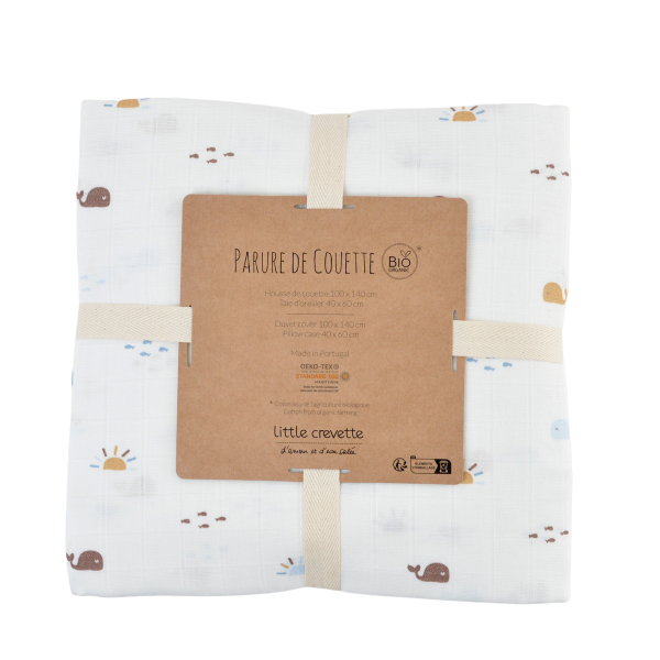 parure de lit bébé taie d oreiller 40x60 cm et housse de couette 100x140 cm en lange pur coton bio blanc cassé imprimé baleine