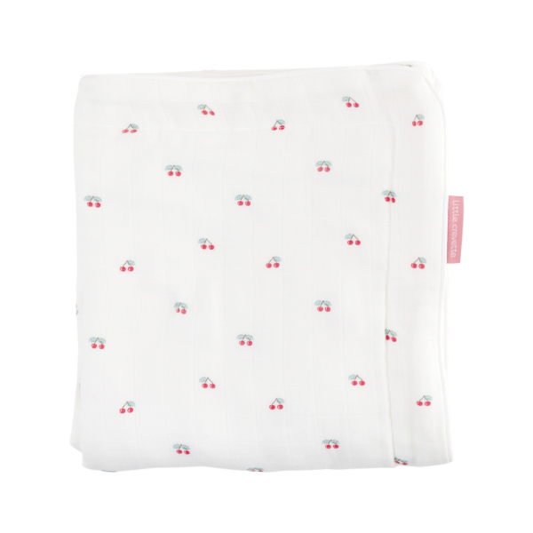 couverture bébé en lange en coton bio écrue imprimée de cerises rouges