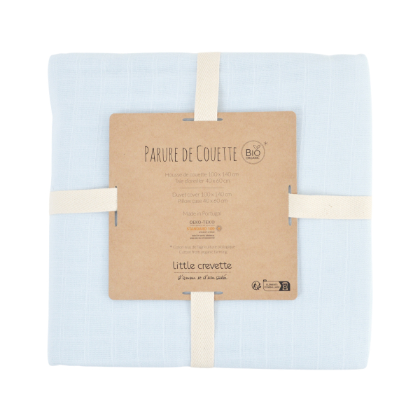 Parure de lit gaze de coton unie bleu glacier brodée arc-en-ciel 100x140 cm