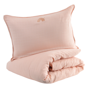 Parure de lit gaze de coton unie corail brodée arc-en-ciel 100x140 cm