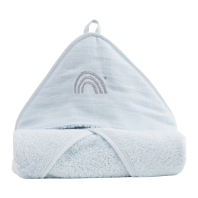 cape de bain bébé en éponge coton bio uni bleu glacier capuche brodée arc-en-ciel