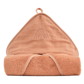 cape de bain bébé en éponge coton bio uni terracotta capuche brodée arc-en-ciel