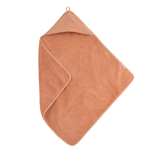 cape de bain bébé en éponge coton bio uni terracotta capuche brodée arc-en-ciel