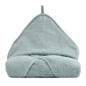 cape de bain bébé en éponge coton bio uni vert sauge capuche brodée arc-en-ciel
