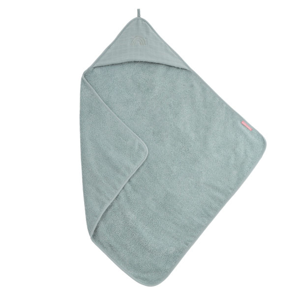 cape de bain bébé en éponge coton bio uni vert sauge capuche brodée arc-en-ciel