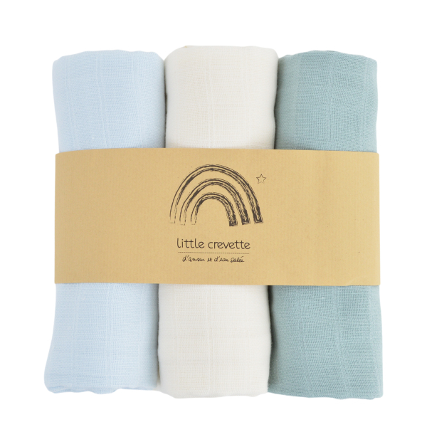 Lot de 3 langes bébé mixte uni écru bleu glacier vert sauge en coton bio oekotex