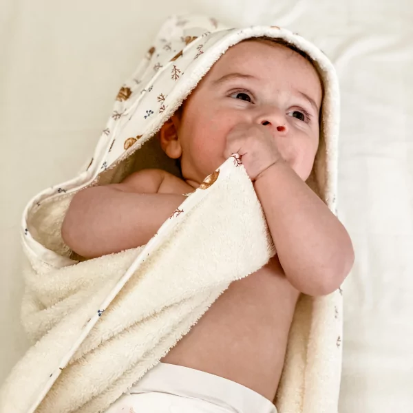 cape de bain bébé éponge coton bio capuche avec oreilles motif écureuil