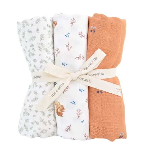 lot de 3 langes coton bio imprimé feuilles, écureuil et cerises écru terracotta et vert sauge