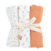 lot de 3 langes coton bio imprimé feuilles, écureuil et cerises écru terracotta et vert sauge