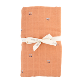 maxi lange 120x120 cm en coton bio terracotta imprimé cerises bleu marine