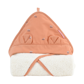 cape de bain bébé avec oreilles capuche terracotta avec motifs cerises bleu marine éponge coton bio écrue