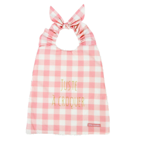 Serviette bavoir élastiqué rose coreil mixte fille garçon motif vichy carreaux en coton bio oekotex