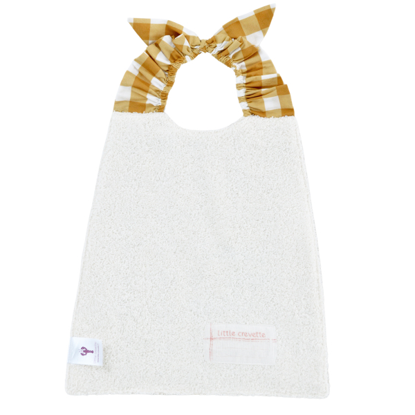 Serviette bavoir élastiqué vichy ocre mixte fille garçon brodé 100% fait maison en coton doublé éponge oekotex