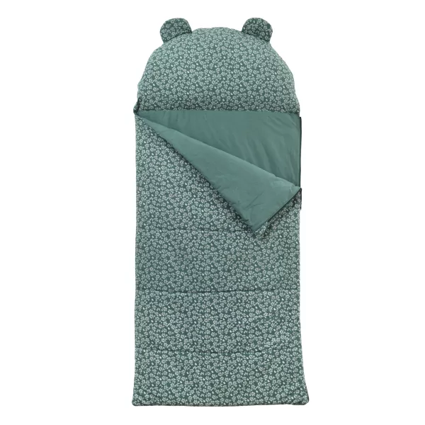 sac de couchage enfant maternelle coton bio avec oreiller intégré et sac de transport motif fleurs sur fond vert sapin