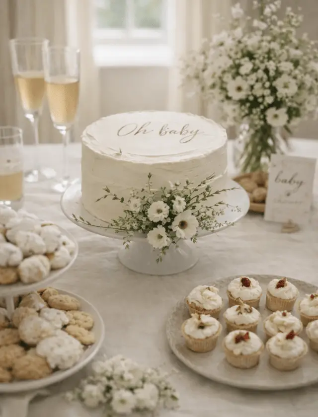 table décorée pour une baby shower avec gateau et petits cupcakes