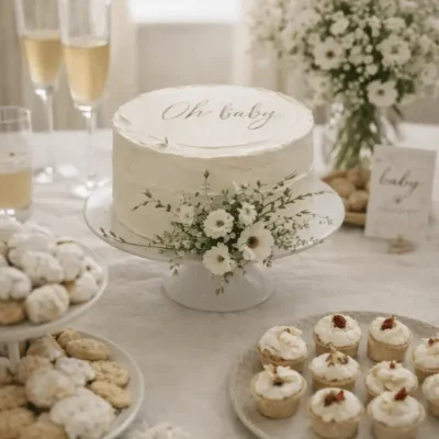 table décorée pour une baby shower avec gateau et petits cupcakes