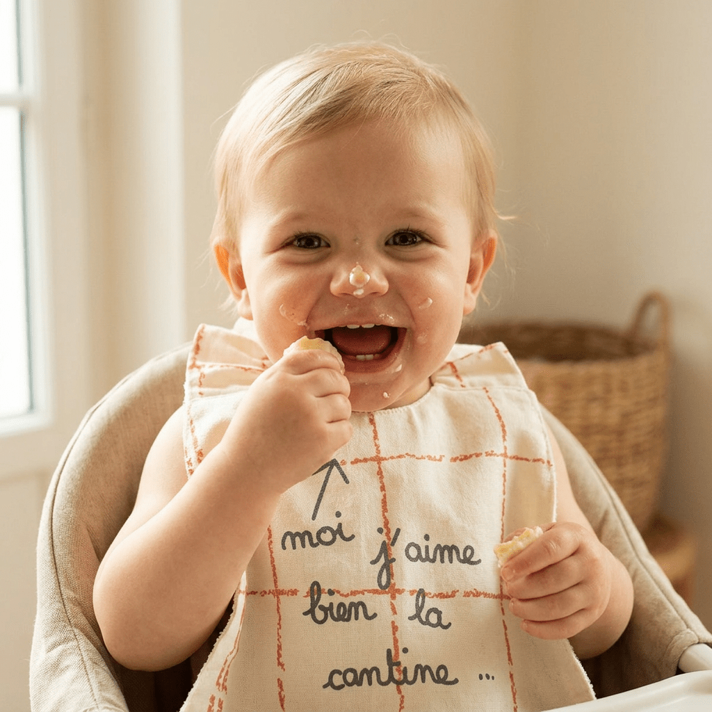 bébé avec grand bavoir élastique autour du cou dans cuisine