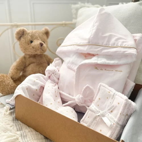 cadeau bebe peignoir lingettes et doudou en lange coton bio